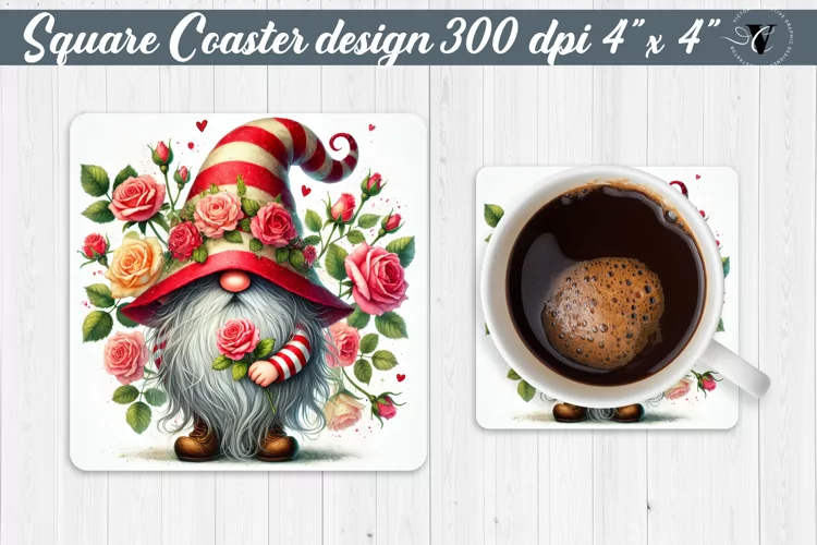 Square Coasters | Gnome with Flowers | Spring