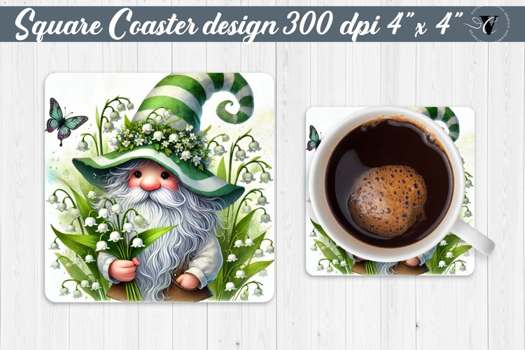 Square Coasters | Gnome with Flowers | Spring example image 1