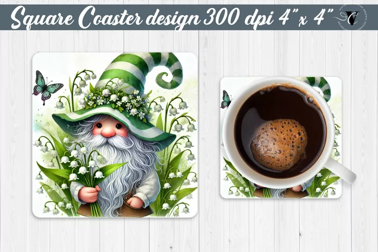 Square Coasters | Gnome with Flowers | Spring
