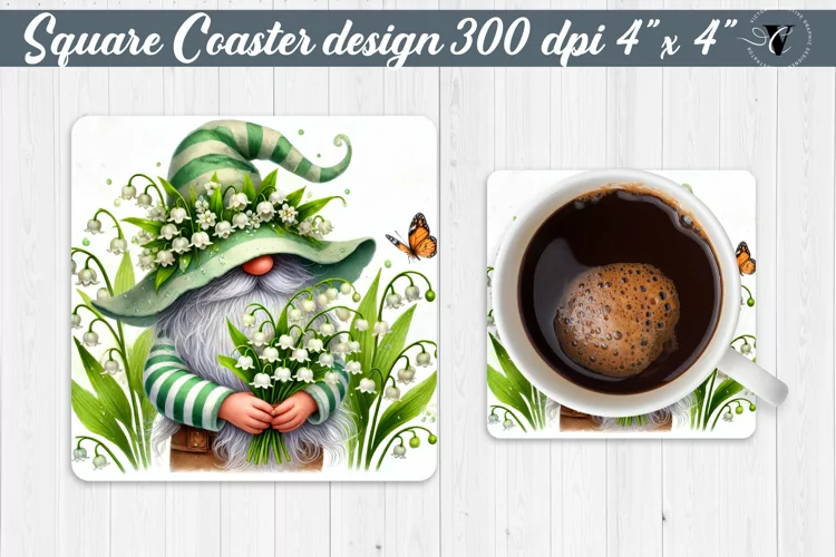 Square Coasters | Gnome with Flowers | Spring