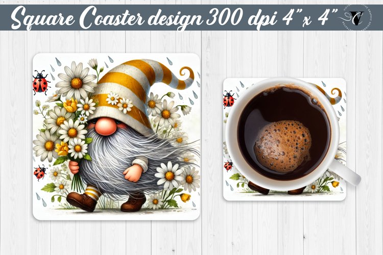 Square Coasters | Gnome with Flowers | Spring example image 1