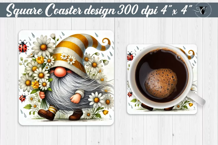 Square Coasters | Gnome with Flowers | Spring