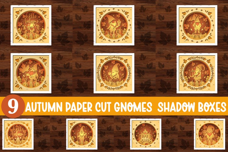 9 Autumn Gnome Paper Cut Shadow Box, Autumn Paper Cut