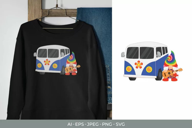 Hippie Gnome Lady with Ukulele Standing Next to Kombi Car