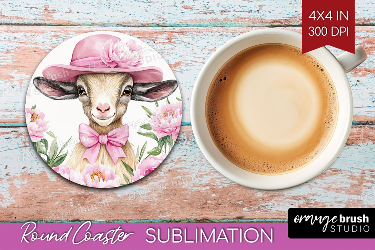 Goat Flowers Round Coaster Cute Farm Coaster PNG Sublimation
