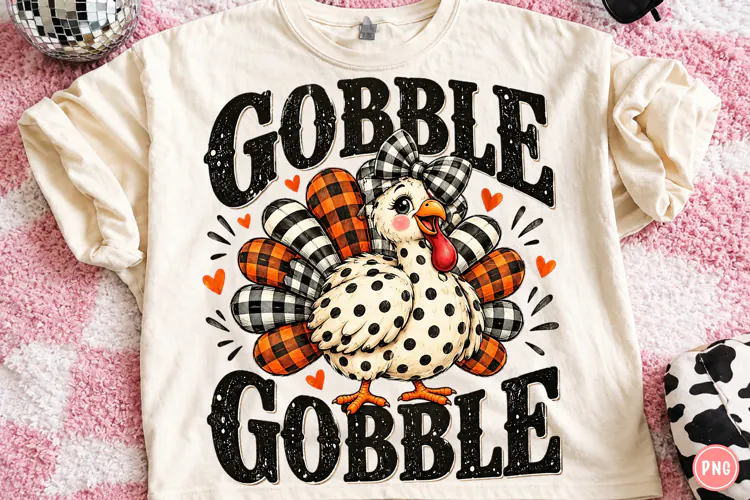Gobble Thanksgiving PNG, Cute Plaid Turkey Sublimation