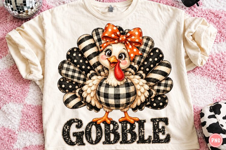 Gobble Thanksgiving Turkey PNG | Buffalo Plaid & Polka Dot example image 1