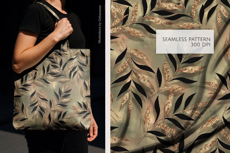 Gold and Black Leaves on Sage Green Pattern example image 1