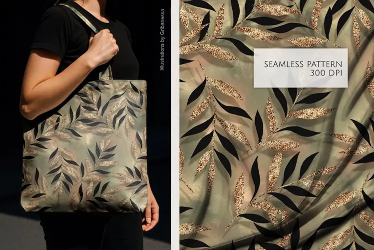 Gold and Black Leaves on Sage Green Pattern