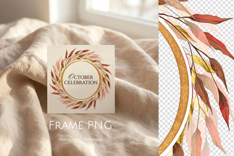 Gold Autumn Floral Frame PNG