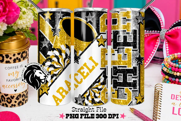 Gold Black Cheer Tumbler PNG | Glitter Wrap