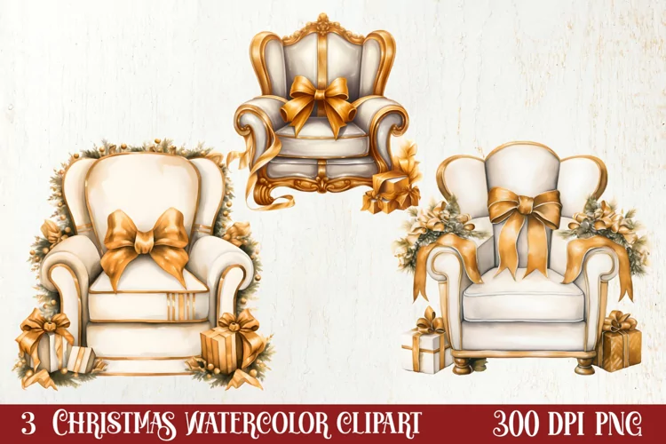 Gold Christmas Watercolor Clipart Sublimation, Christmas PNG
