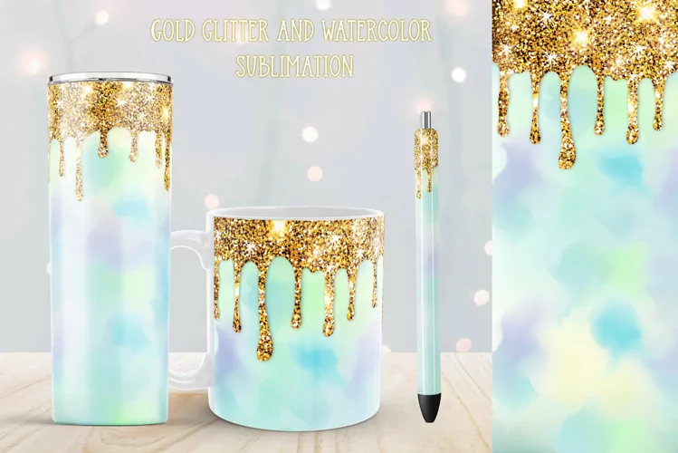 Blue Watercolor Tumbler. Dripping Glitter Mug And Pen Wrap