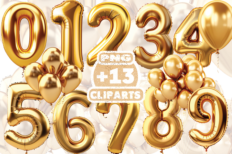 Gold Foil Balloons Number Clipart | Metallic Birthday Number
