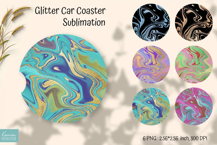 Glitter Marble Car Coaster Sublimation Ideas. Swirl Designs