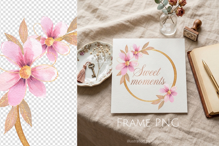 Gold Glitter Floral Circle Frame PNG