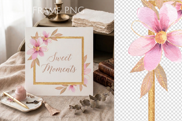 Gold Glitter Floral Square Frame PNG