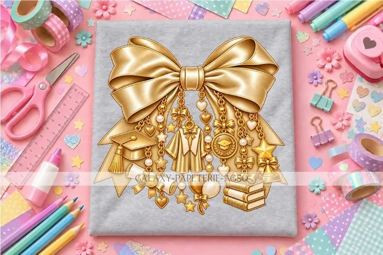 Gold Graduation Bow PNG with Cap and Diploma Charms, Senior
