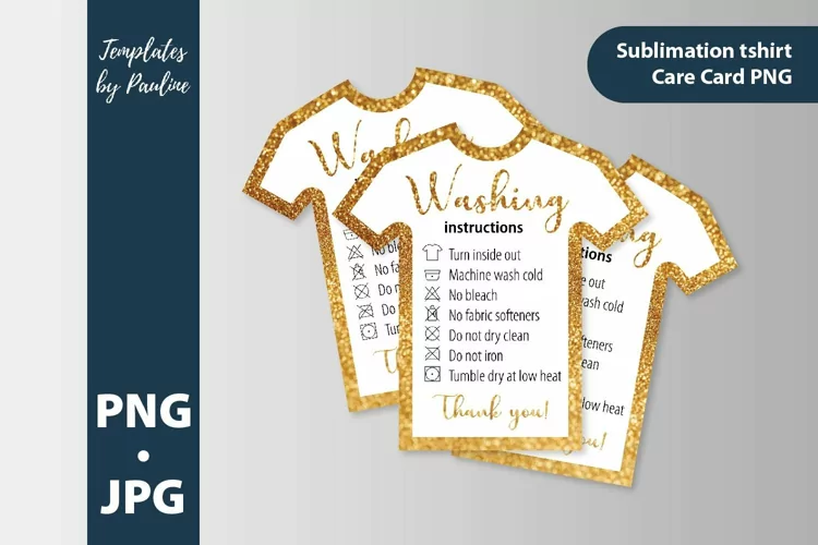 Gold glitter shirt washing instructions card. Care card PNG.