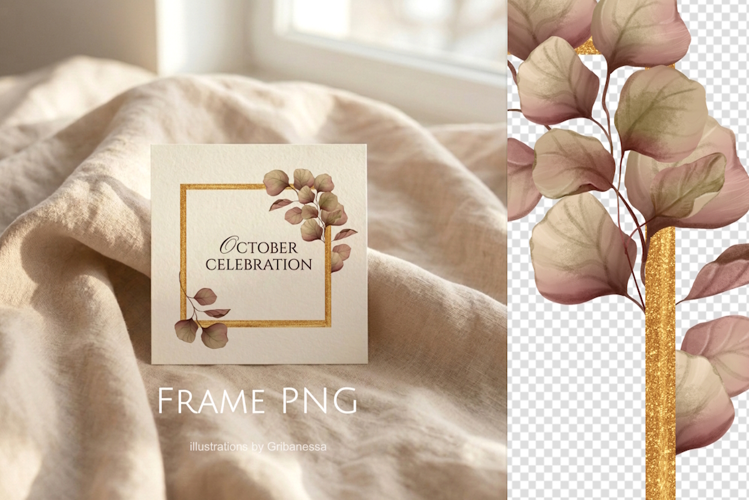 Gold Square Frame with Brown Autumn Leaves PNG