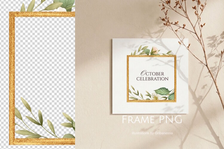 Gold Square Frame PNG with Delicate Greenery example image 1