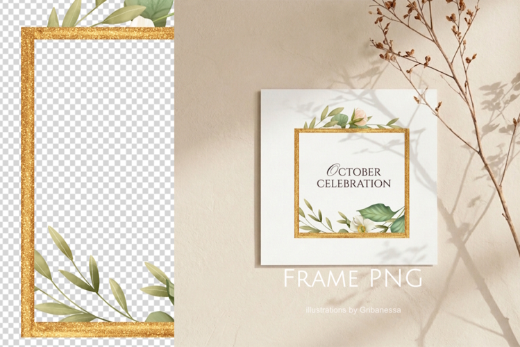 Gold Square Frame PNG with Delicate Greenery