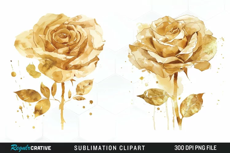Watercolor Gold Elegant Flowers Exquisite Clipart