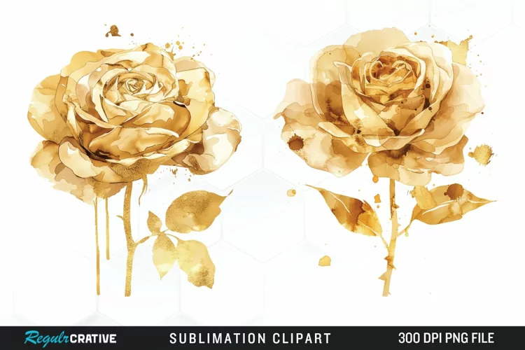 Watercolor Gold Elegant Flowers Exquisite Clipart