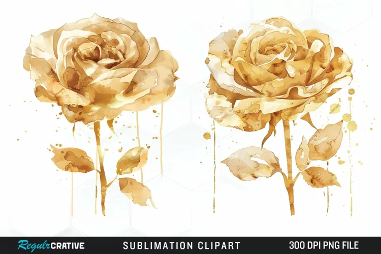 Watercolor Gold Elegant Flowers Exquisite Clipart