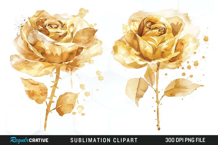 Watercolor Gold Elegant Flowers Artwork Clipart