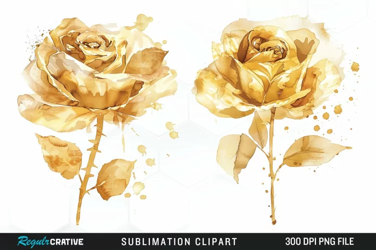 Watercolor Gold Elegant Flowers Artwork Clipart