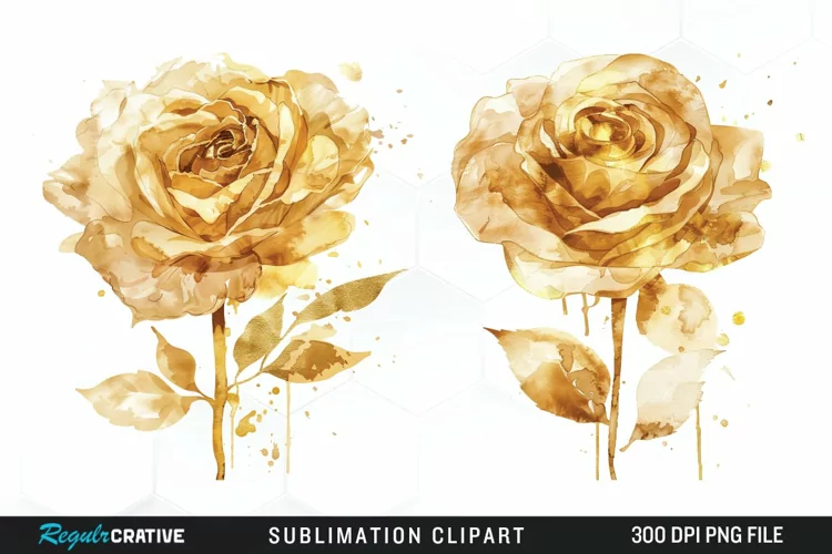 Watercolor Gold Elegant Flowers Artwork Clipart