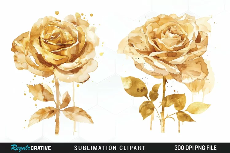Watercolor Gold Elegant Flowers Artwork Clipart