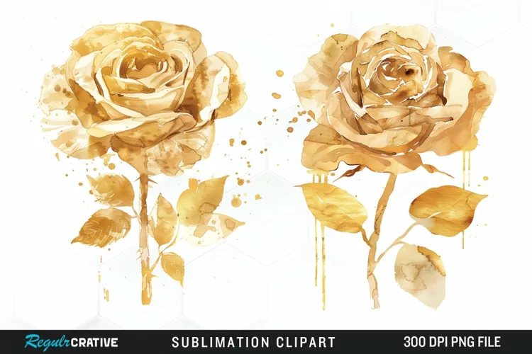 Watercolor Gold Elegant Flowers Artwork Clipart