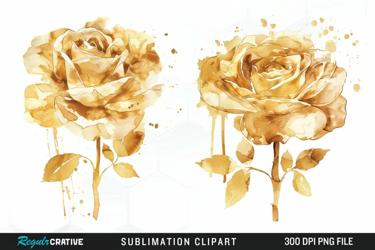 Watercolor Gold Elegant Flowers Artwork Clipart
