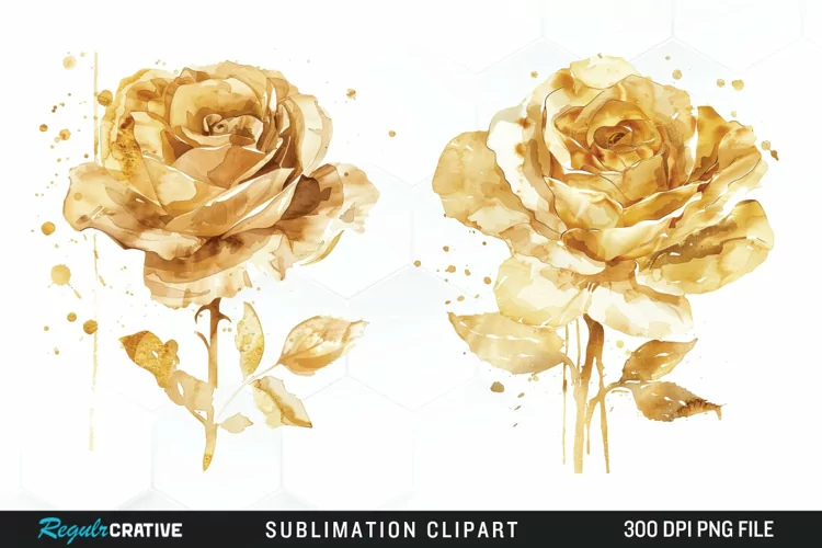 Watercolor Gold Elegant Flowers Artwork Clipart