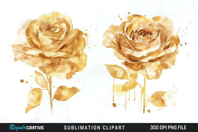 Watercolor Gold Elegant Flowers Exquisite Clipart