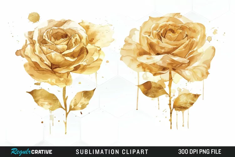 Watercolor Gold Elegant Flowers Exquisite Clipart