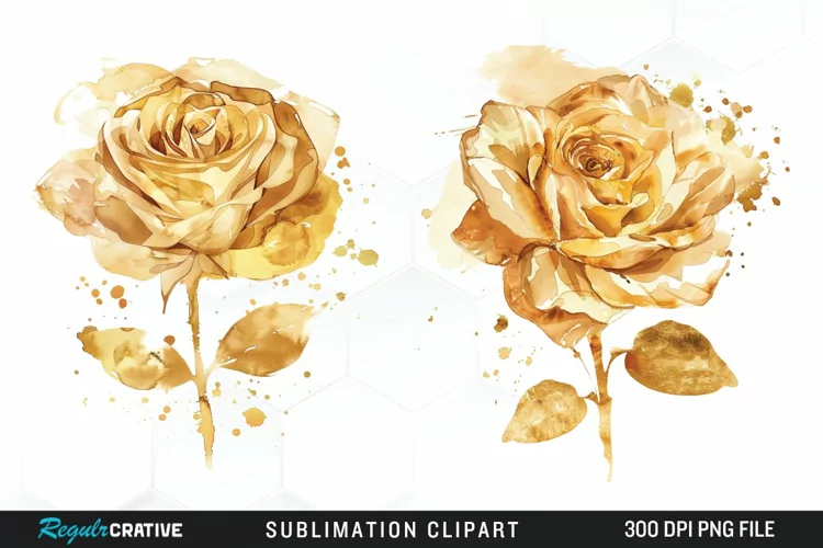 Watercolor Gold Elegant Flowers Exquisite Clipart