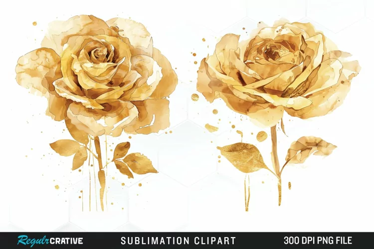 Watercolor Gold Elegant Flowers Artwork Clipart