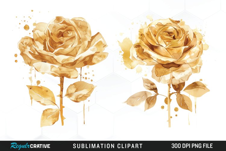 Watercolor Gold Elegant Flowers Artwork Clipart