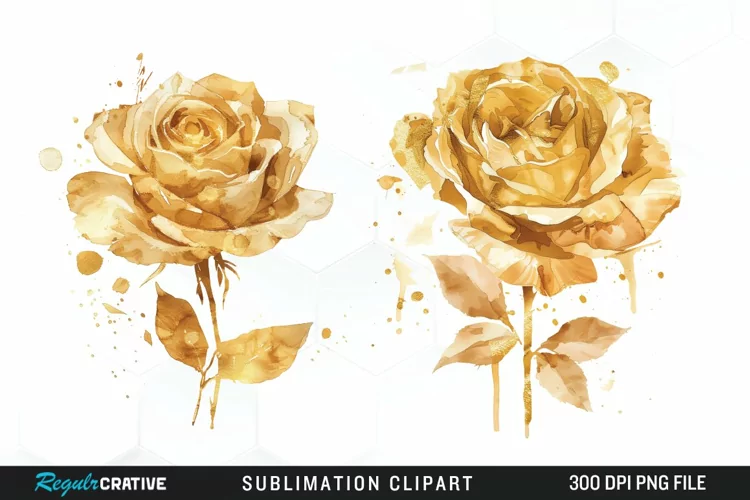 Watercolor Gold Elegant Flowers Artwork Clipart