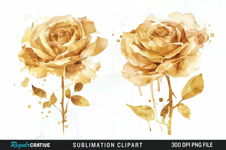 Watercolor Gold Elegant Flowers Exquisite Clipart