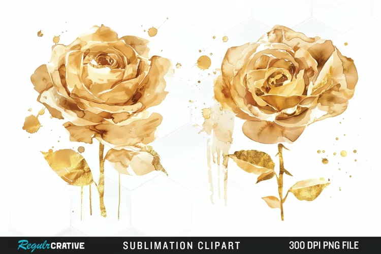 Watercolor Gold Elegant Flowers Exquisite Clipart