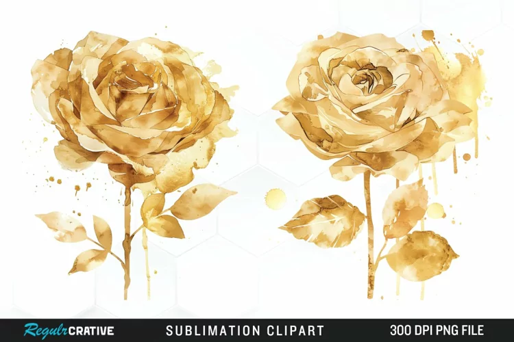 Watercolor Gold Elegant Flowers Artwork Clipart