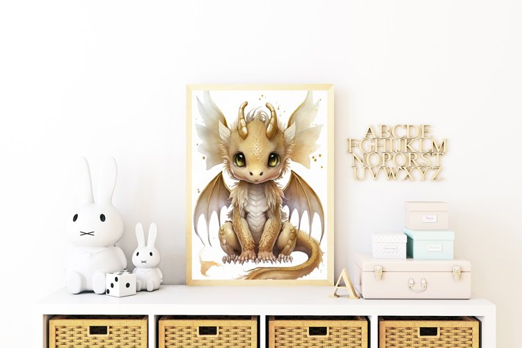 Watercolor Baby Gold Dragon Nursery Wall Art