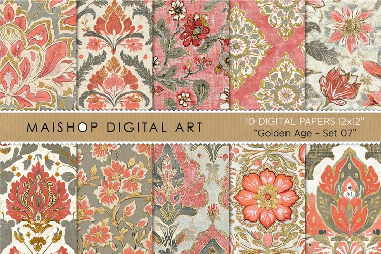 Coral Green and Gold Boho Chic Floral Digital Papers example image 1