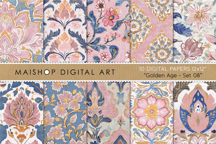 Pink and Blue Boho Chic Floral Patterns Digital Papers example image 1