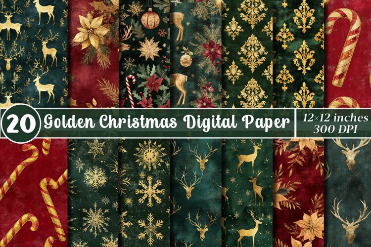 Golden Christmas Digital Paper | Vintage Deer & Damask example image 1