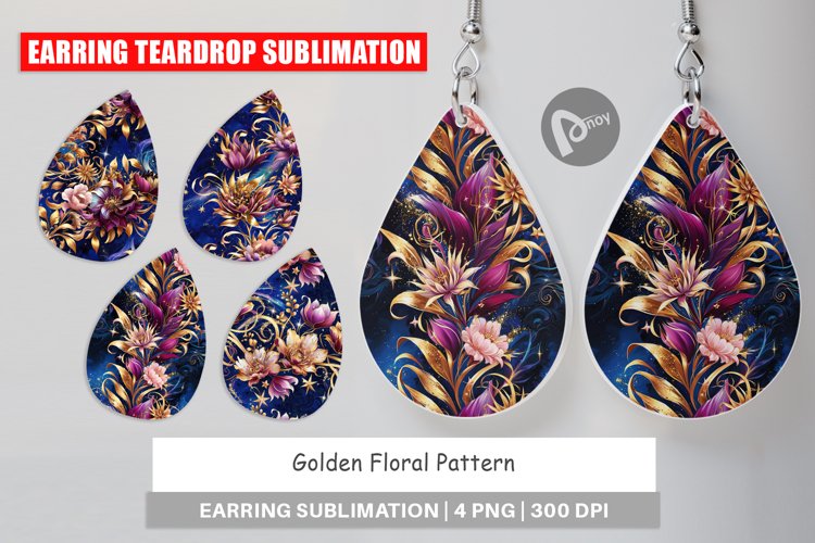 Earring Teardrop Golden Floral Pattern